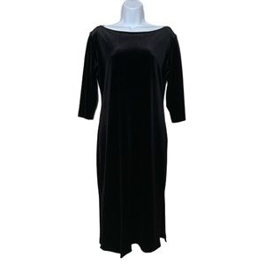 Vintage Danielle Casey Black Velvet Scoop Neck 3/4 Sleeve Mid Length Dress USA S